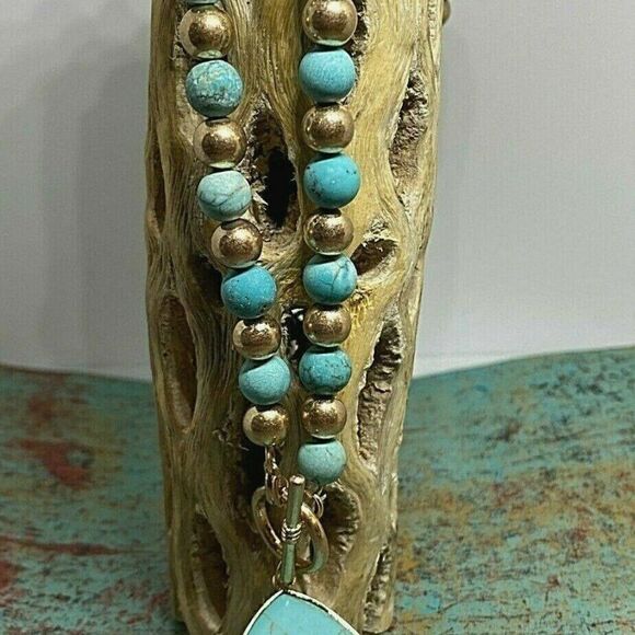 Teal Blue green gold Jasper Fall Necklace Beaded - Picture 2 of 12